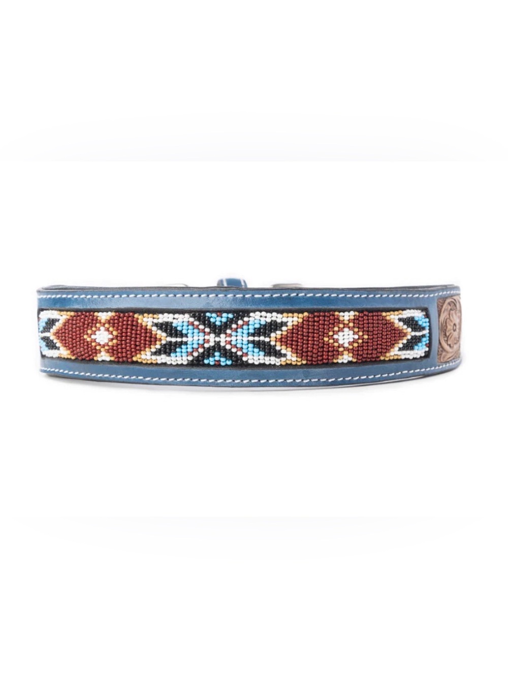 Myra RUNNING FREE BEADED HERITAGE DOG COLLAR IN BROWN TOOLED LEATHER L 18-22”